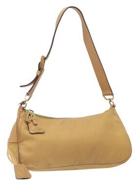 PRADA Shoulder Bag Nylon Beige Gold Auth 131423